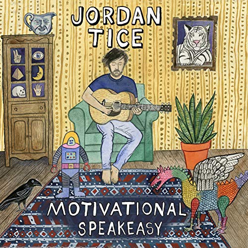 "Album cover art: man playing guitar, surrounded by eclectic decor and fantastical creatures."