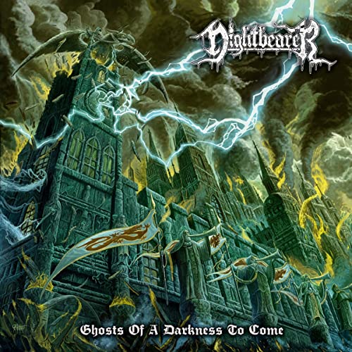 Nightbearer album cover: gothic castle engulfed in stormy, dark energy.