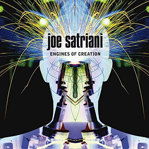 The image depicts the album cover for "Engines of Creation" by Joe Satriani. The title is written in black text, with "joe satriani" in bold font and "ENGINES OF CREATION" in smaller text underneath. The background is a dark, abstract design with yellow and blue lines radiating from the center, creating a sense of energy and movement.
