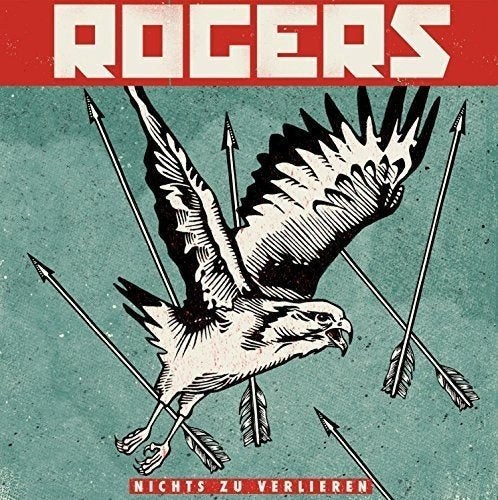 "Album cover with a bird pierced by arrows on a greenish-blue background."