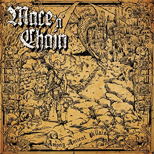 Vintage-style album cover with a warrior figure amidst ruins and skulls.