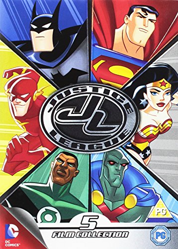 Justice League animated characters Batman, Superman, Wonder Woman on DVD cover.