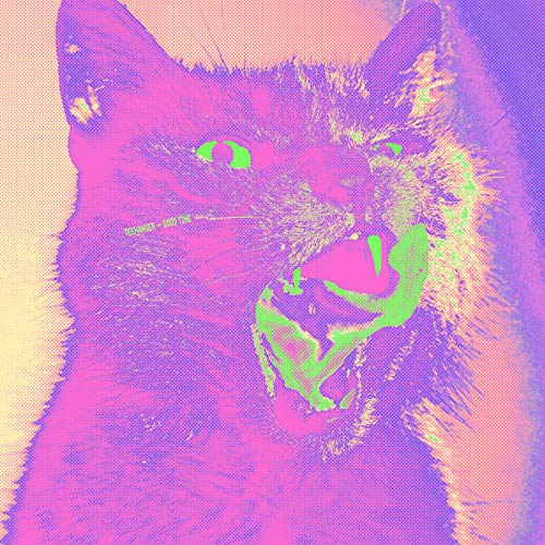 Distorted, colorful image of a snarling cat with glowing green eyes.