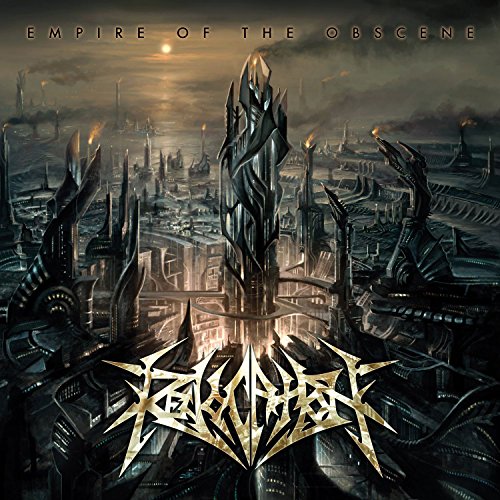 "Album cover art: futuristic cityscape with dark, metallic structures and gold text 'Revocation'."