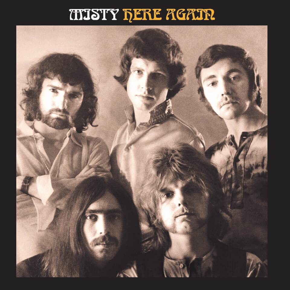 Sepia-toned photo of five men, album cover for Misty’s “Here Again.”