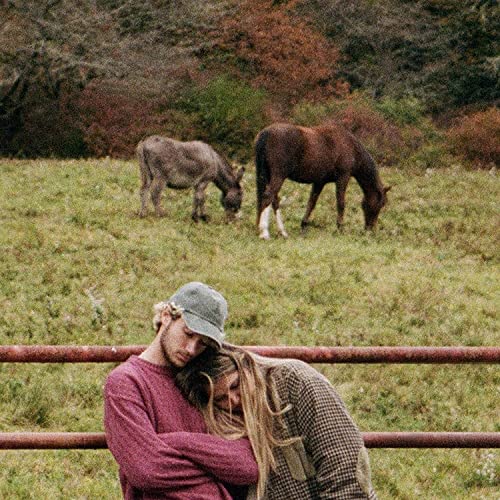 Couple embracing, horses grazing in a field, rustic fence visible.