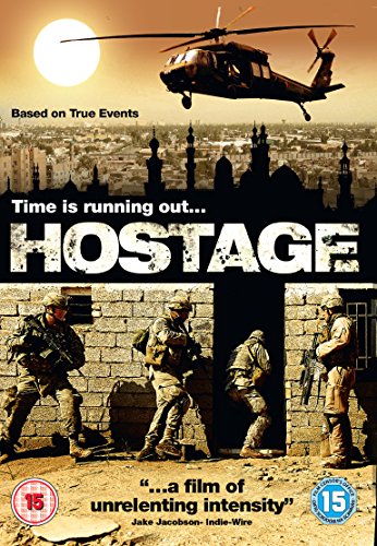 DVD cover for "Hostage" with soldiers and a helicopter, depicting a tense military scene.