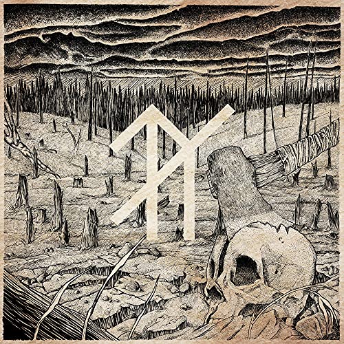 Black and white illustration of a desolate landscape with a skull.
