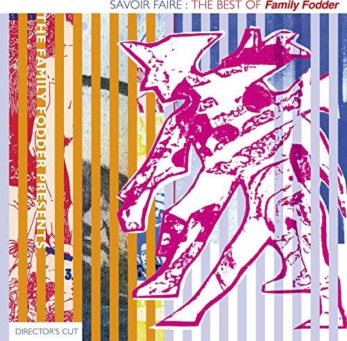 Album cover: pink dinosaur graphic over vertical orange and blue stripes.