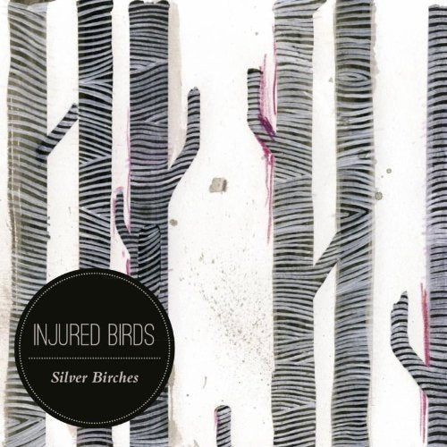 The image is an album cover featuring a white background with black and white striped tree trunks and a black circle in the lower-left corner. The alt text is: "Album cover with striped tree trunks and black circle with white text."