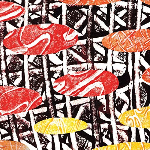 Abstract red and yellow shapes on a black and white patterned background.