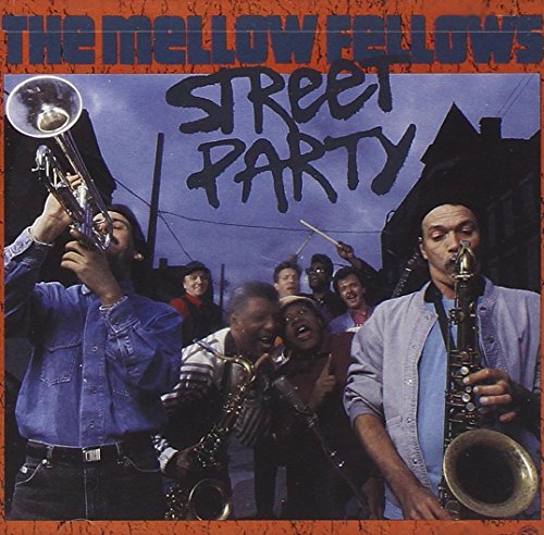 "Album cover with men playing instruments and dancing, orange border and dark blue background."