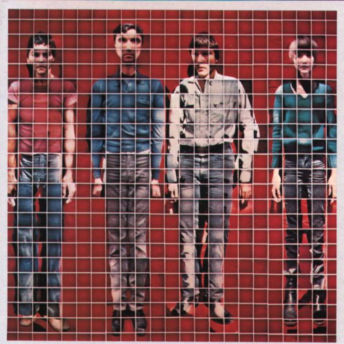 "CD cover art featuring four men standing behind a grid pattern on a red background."