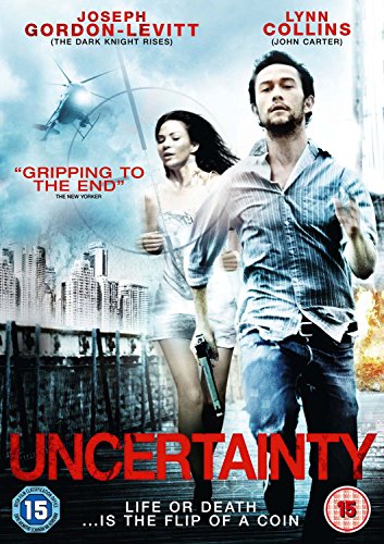 DVD cover for "Uncertainty" showing two people running in a city.