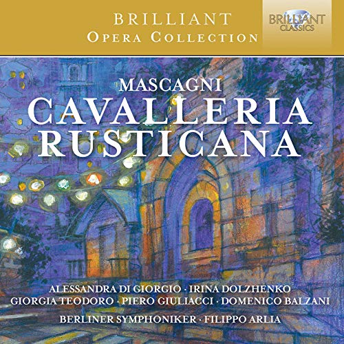"Cavalleria Rusticana" opera CD cover featuring a vibrant, blue-toned painting of an archway.