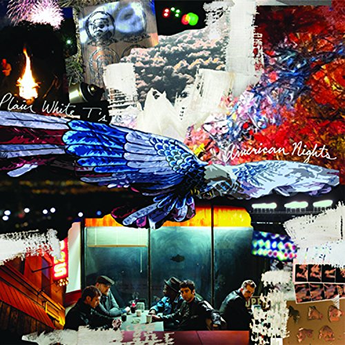 "Album cover featuring a collage of images, including a blue bird and people at a table."