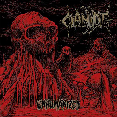 Red skull and distorted figures on album cover for Cianide’s “Unhumanized.”