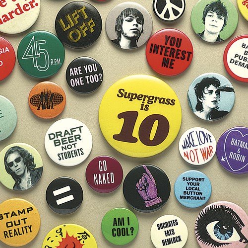 "Collection of colorful buttons with various slogans and images on a beige background."