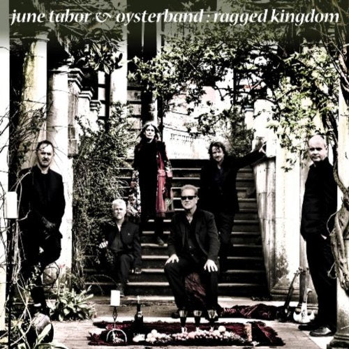 "Album cover featuring five musicians on stone steps surrounded by foliage."
