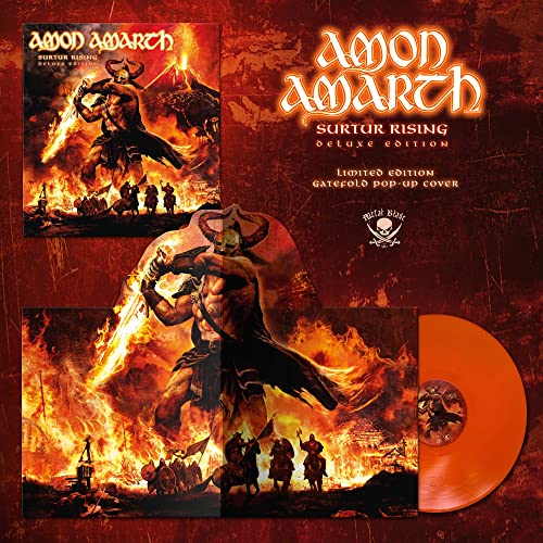 Amon Amarth "Surtur Rising" vinyl record with orange marble effect and pop-up cover.