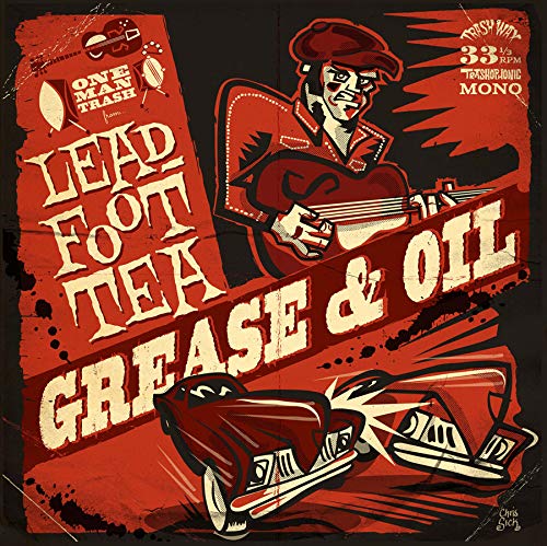 Red vinyl record cover featuring a cartoon mechanic and hot rod.
