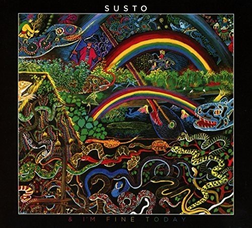 Album cover with psychedelic illustration, rainbow, and creatures on a black background.