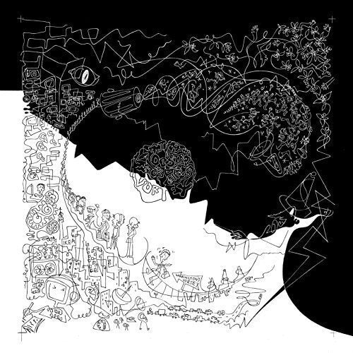 The image is a black-and-white illustration of a chaotic, abstract scene. Alt text: Black and white abstract illustration with various objects and figures.