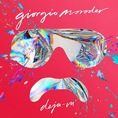 "Album cover with iridescent sunglasses on a pink background with splattered paint."