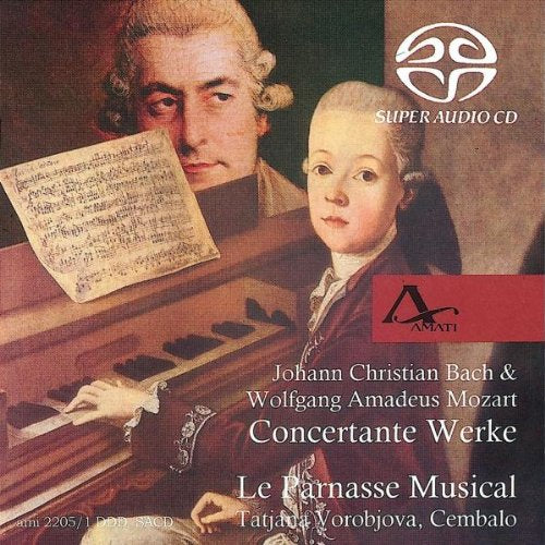 A CD cover featuring a painting of Mozart and J.C. Bach at a harpsichord.