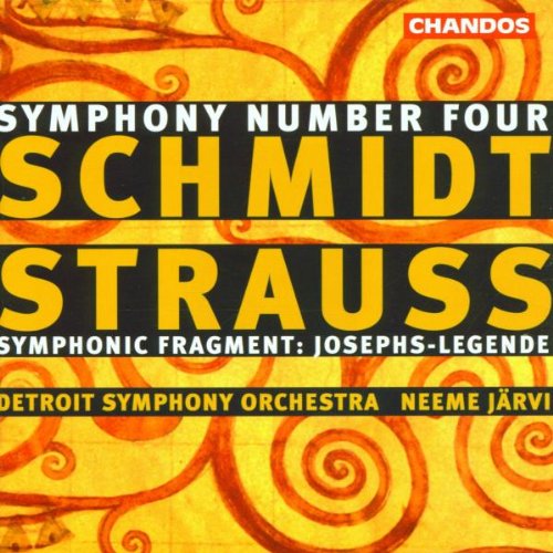 "CD cover with yellow background, red swirls, and text describing a classical music album."