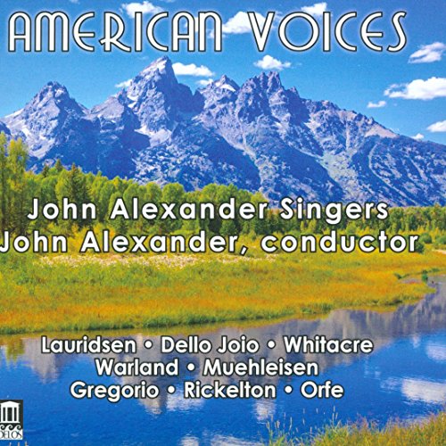 "CD cover featuring a serene mountain landscape with a lake and trees, titled 'American Voices'."