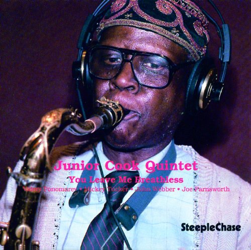 Jazz musician Junior Cook with saxophone, headphones, and album title.