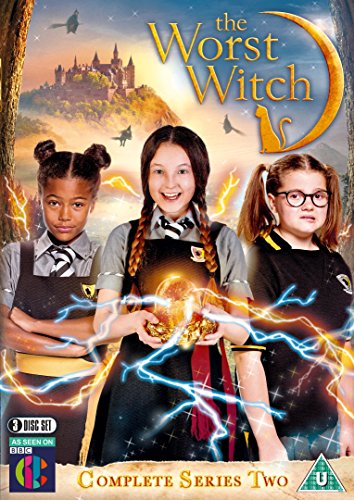 DVD cover for "The Worst Witch" featuring three schoolgirls with magical energy and a castle.