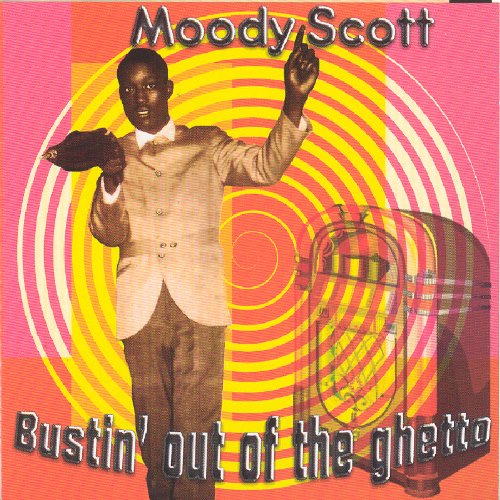 "Album cover featuring a man in a suit, with colorful spiral background and text."