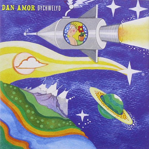 "Album cover featuring a cartoon rocket ship flying through space with a smiling character."