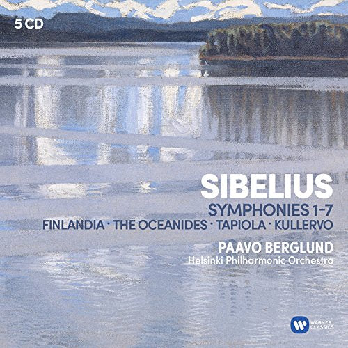 The image is a CD cover for a classical music album featuring the works of Jean Sibelius, a renowned Finnish composer. The cover art depicts a serene lake scene with a forested shoreline and snow-capped mountains in the background, evoking a sense of tranquility and natural beauty. * **Title and Composer** * The title "SIBELIUS" is prominently displayed in large white text at the center of the image. * Below the title, the text