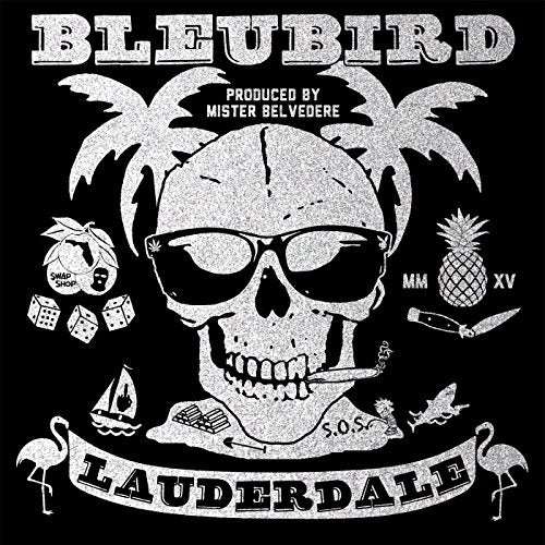 "Album cover with skull wearing sunglasses, surrounded by tropical elements on a black background."