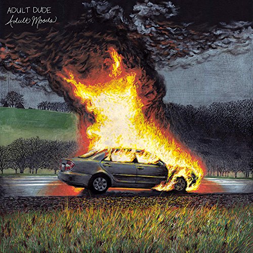 "Album cover art: a car engulfed in flames on a rural road."
