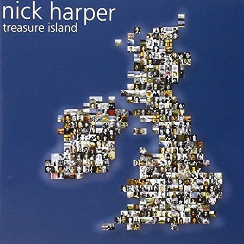 "CD cover with a map of Britain made from small photographs on a blue background."