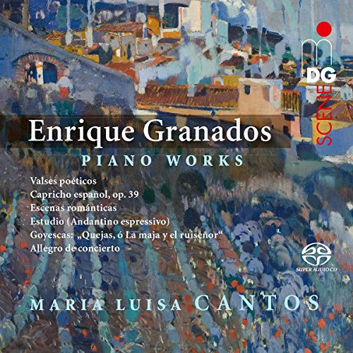 CD cover featuring abstract cityscape painting with white text listing Enrique Granados' piano works.