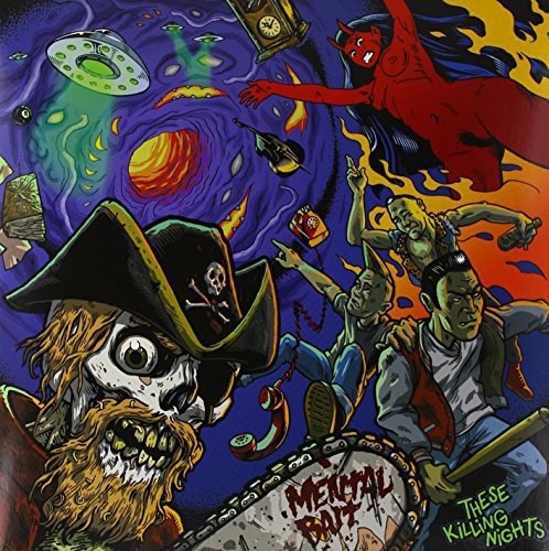 Colorful, chaotic illustration of pirates, demons, and figures with a vinyl record.