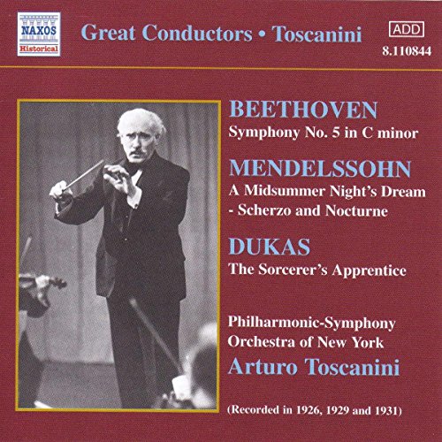 Red CD cover with black-and-white photo of conductor Arturo Toscanini holding a baton.