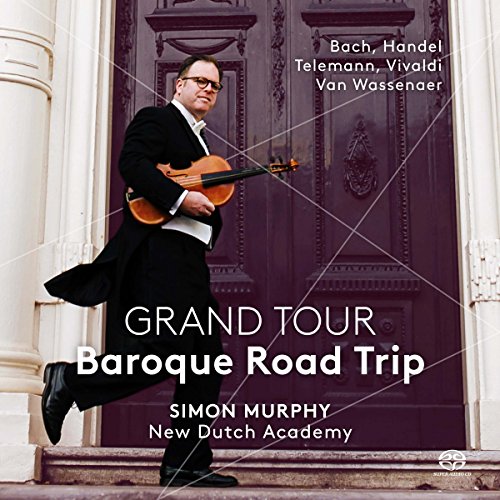 Man in black suit holding violin, stepping in front of large ornate purple door.