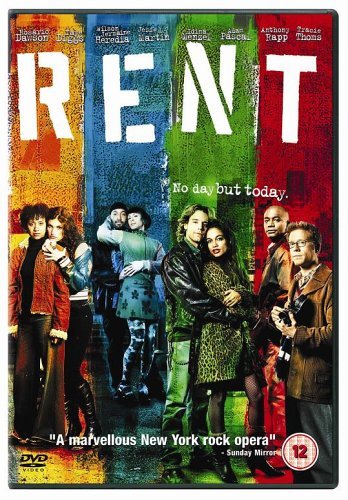 "DVD cover for 'Rent' featuring a group of young adults against a colorful background."