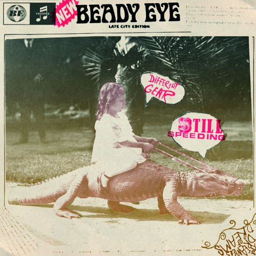 "Album cover with girl riding crocodile, speech bubbles, and 'Beady Eye' title."