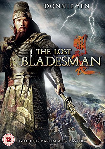 Donnie Yen as a warrior holding a polearm against a stormy battlefield background.