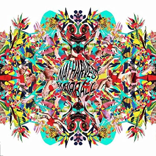 The image depicts a vibrant, abstract album cover with multicolored, mirrored artwork and text.