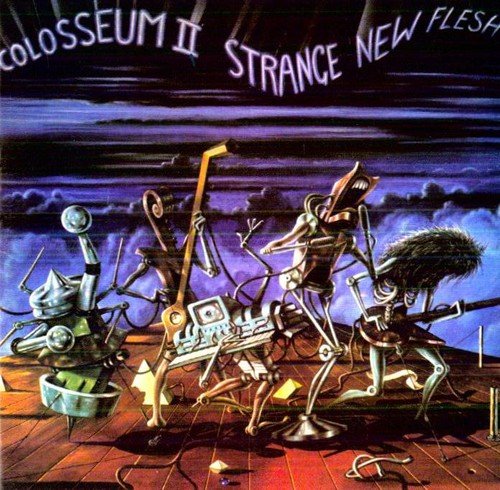 "CD album cover art depicting twisted, robotic figures on a dark, wooden stage."