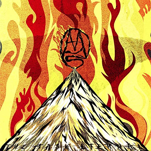 The image depicts a vinyl record cover with a stylized illustration of a volcano erupting. Alt text: "Vinyl record cover featuring a volcano with flames and abstract design."