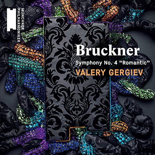 Bruckner CD cover with black damask pattern, colorful ribbon, and white and orange text.